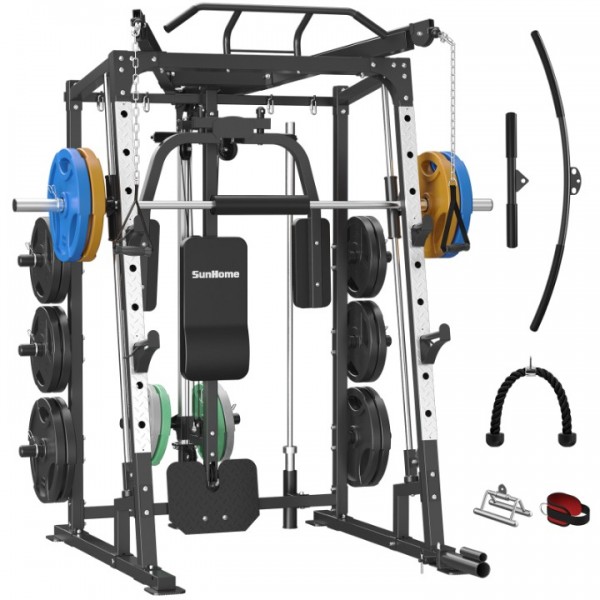 Smith Machine, 2000LBS Power Cage Squat Rack with Smith Bar, Two LAT Pull-Down Systems, Cable Crossover Machine and and More Cable Attachment for Home Gym